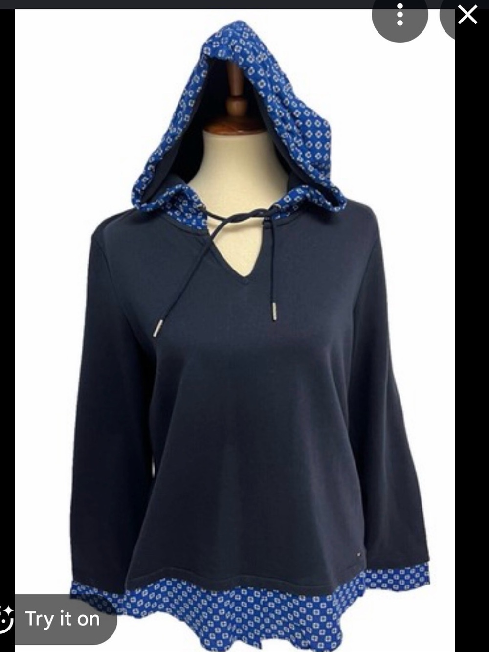 Tommy Hilfiger Mixed Media Navy Hood Sweatshirt with Blue Patterned Trim